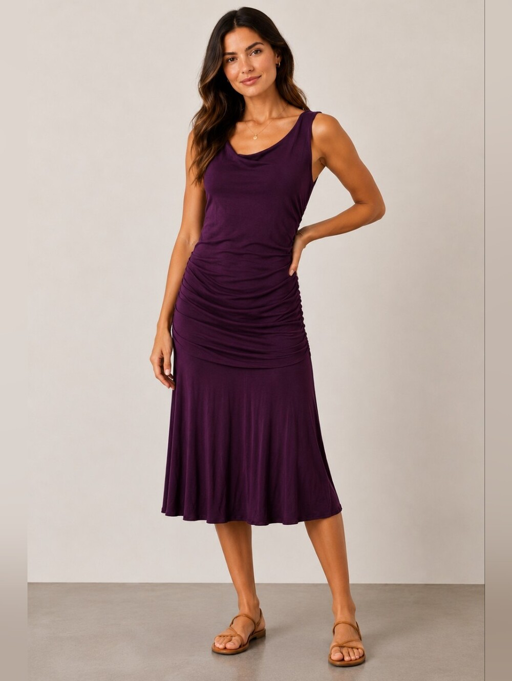 Velvet Purple Soft gathered Sleeveless Summer Maxi Flowy Round Neck Dress M Boho